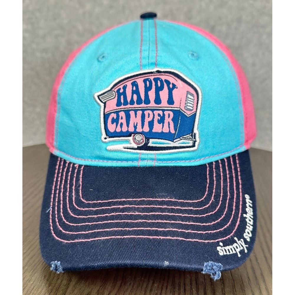 Simply Southern Happy Camper Cap‎ Men's One Size Blue Pink Cotton Baseball Hat